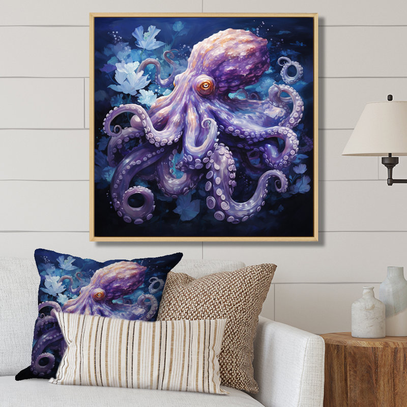 Purple Octopus Lunar Reflections II - Animals Wall Art Prints, Cadre naturel flottant, H 24 po x l 24 po x P 1 po