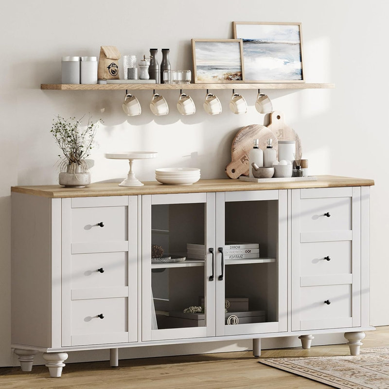 Buffet à porte vitrée - Armoire de rangement pour la cuisine et le salon, Blanc / Brun