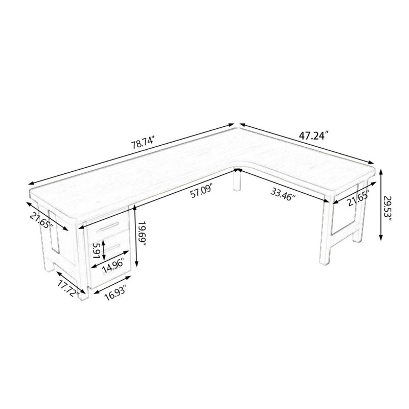 Bureaux en bois massif en L de couleur bois, Retour à droite, H 29,53 po x l 70,87 po x P 47,24 po