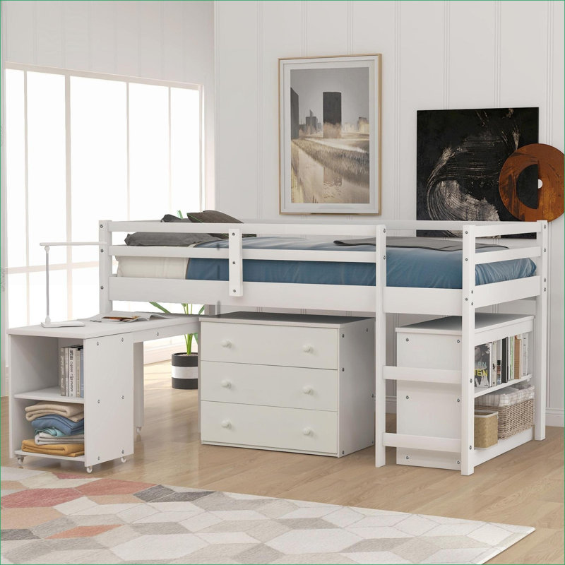 Lit mezzanine simple avec rangement et lit simple, sans sommier, blanc pour petite chambre à coucher
