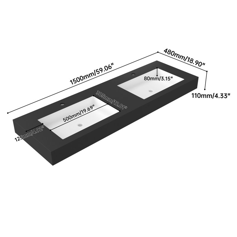 Stone Resin Solid Surface Sink For Bathroom Vanity - Matte Black, 46.41 In Depth, 19.07 Width, 4.36 Height, 56.17 Lb Versatile Footprint Different Designs, Discoloration , Easy Mounting, Clean Lined