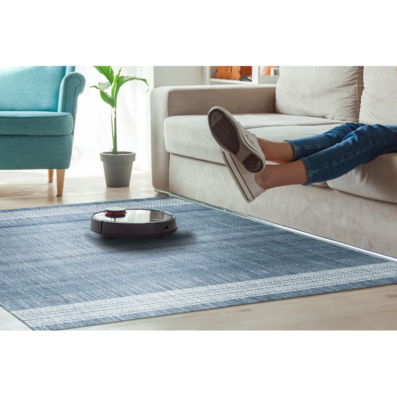 Tapis contemporain bleu en laine tissé à plat à la main Contemporary