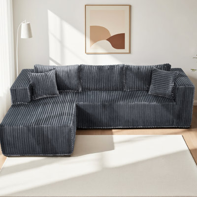 Méridienne modulaire en forme de L de 267 cm (105 po) de large, grise, construction robuste, idéale pour le salon, la chambre ou un appartement. Conception à ressorts sécuritaire, sans métal et adaptée aux animaux de compagnie. Mousse haute densité confortable qui s'adapte à la posture, effet nuage.
