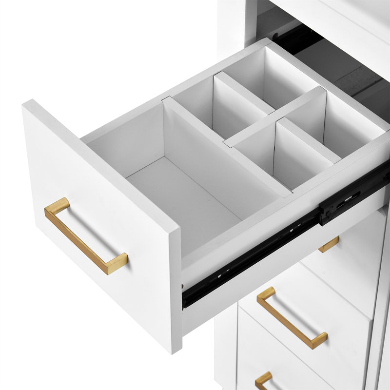 Meuble-lavabo sur pied l 30 po avec comptoir en céramique, tiroirs et portes à fermeture en douceur, Blanc, Doré