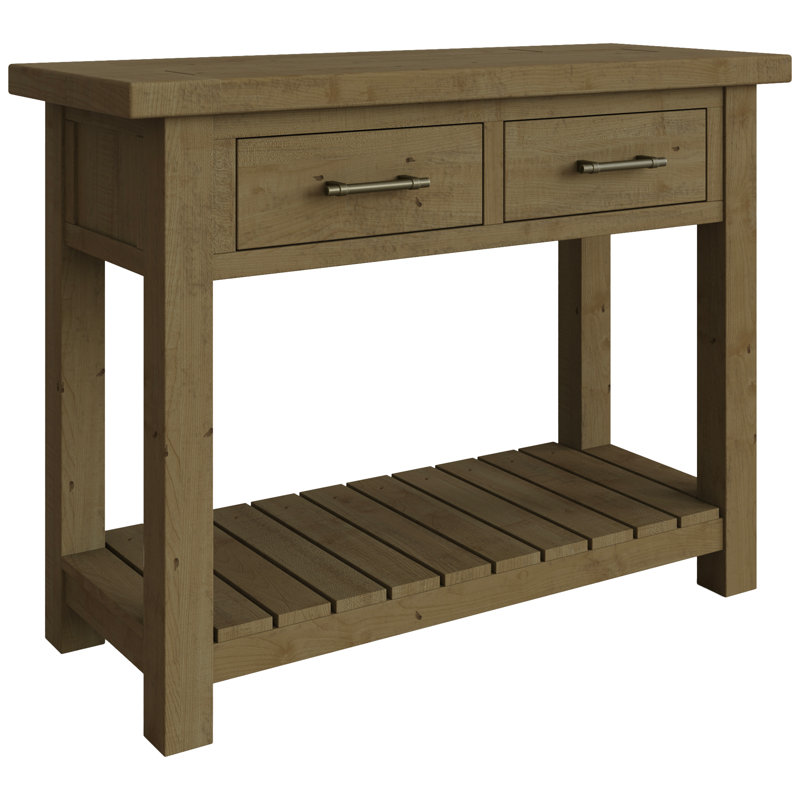 Almerton 2 Drawer Console Hallway Table With Open Shelf – Solid Reclaimed Natural Pine, Brown