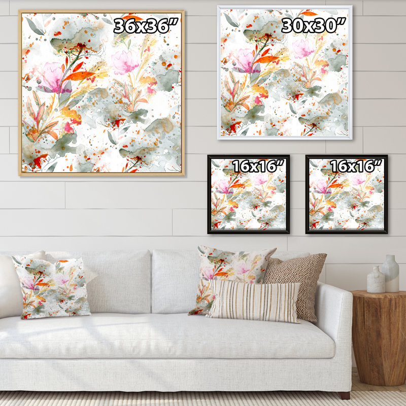 Herbe et plumes en couleurs d'automne I - Peinture sur toile, H 17 po x l 17 po, Cadre noir