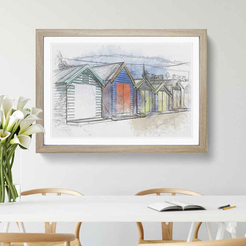 Colourful Beach Huts - Picture Frame Painting, 48cm H x 65cm W x 2cm D, Oak