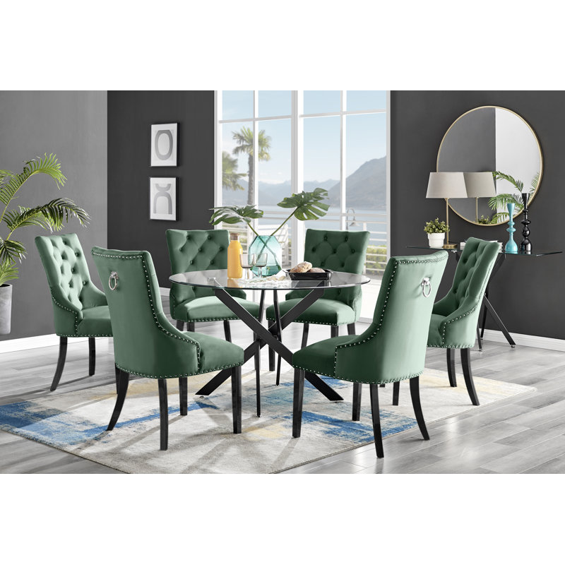 Tierra Modern Chrome Metal & Glass Round Dining Table Set with 6 Luxury Button Velvet Chairs