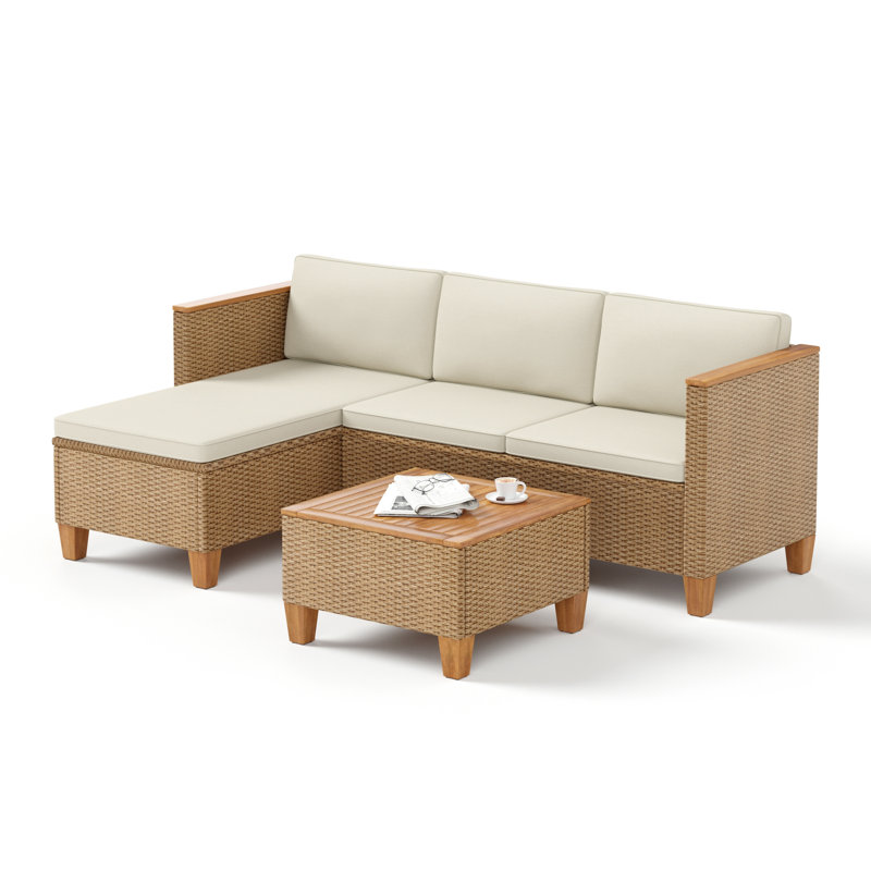 Outdoor Wicker Patio Conversation Furniture Set With Acacia Wood Coffee Table, No