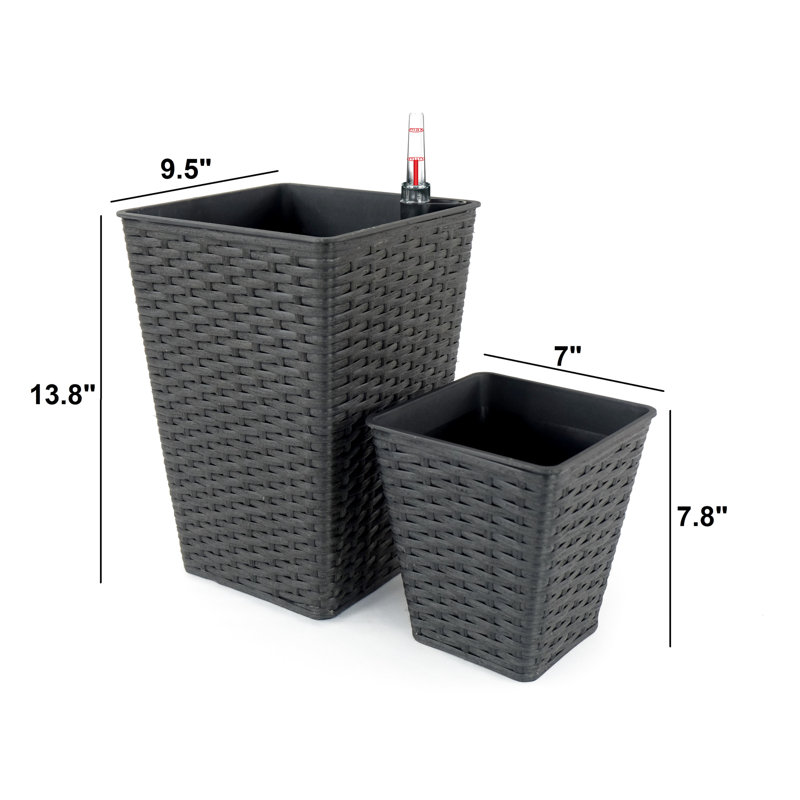 2-Pack Smart Self-Watering Square Planter For Indoor And Outdoor - Hand Woven Wicker - Espresso, Black