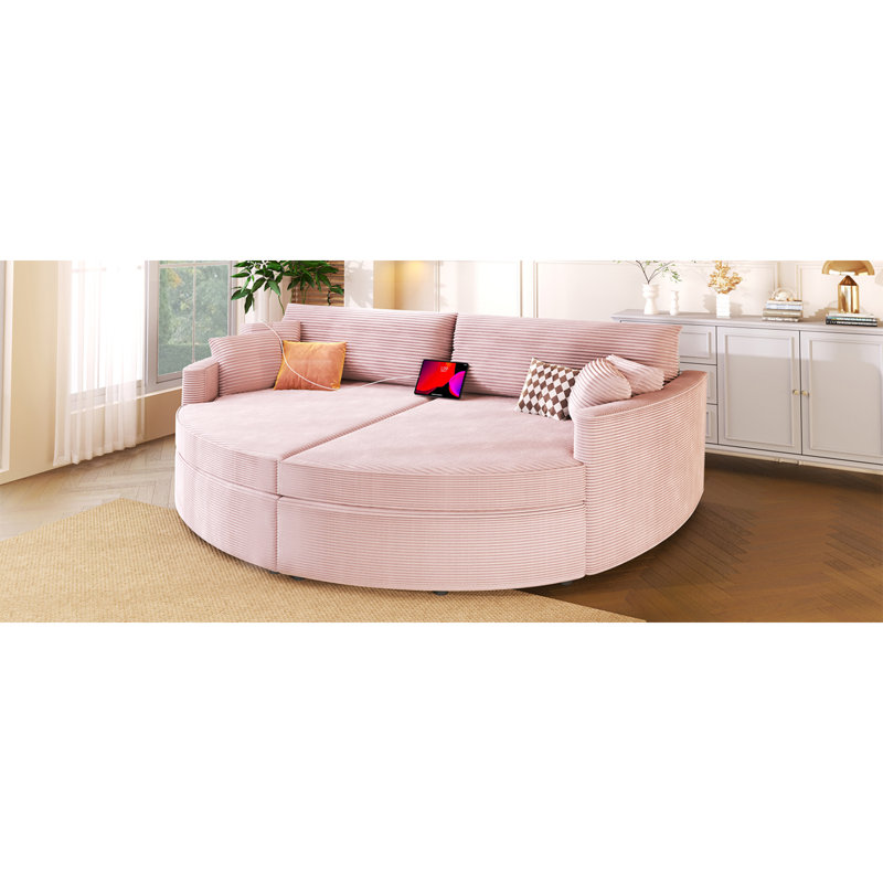 Très grand canapé-lit double avec méridienne 102,3 po, canapé-lit rembourré avec siège profond et ports USB pour le salon, rose