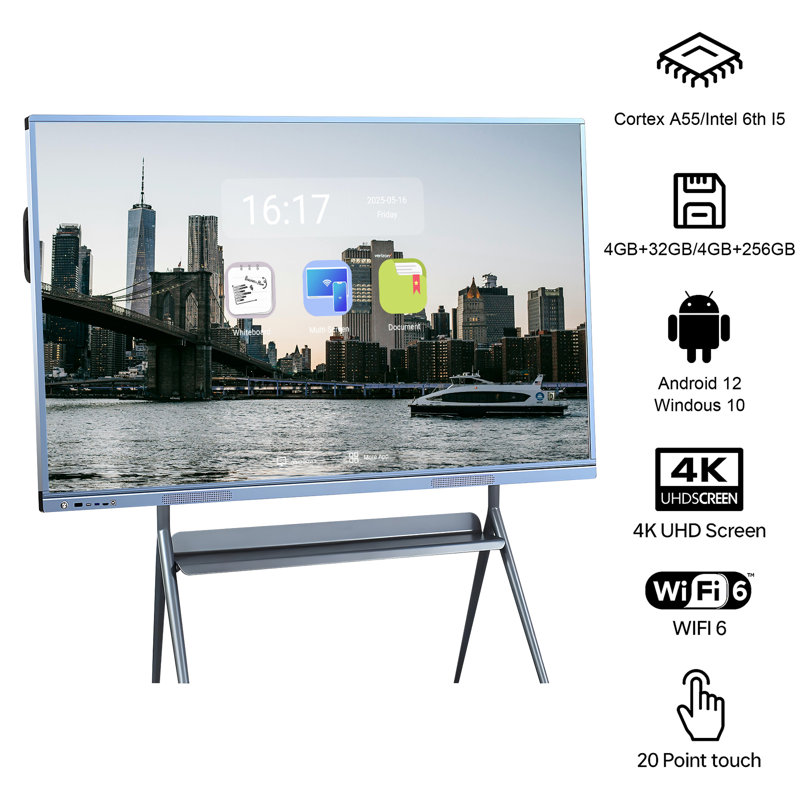 JYXCN 75" 4K Smart Board, Touch Screen Digital Electronic Calendar All-In-One Smartboard Interactive Whiteboard Android & Windows for Classroom & Training