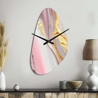 Pink And Gold Marble Abstract III - Marble Irregular Shape Metal Wall Clock, Modern Asymmetrical Wall Clock Print