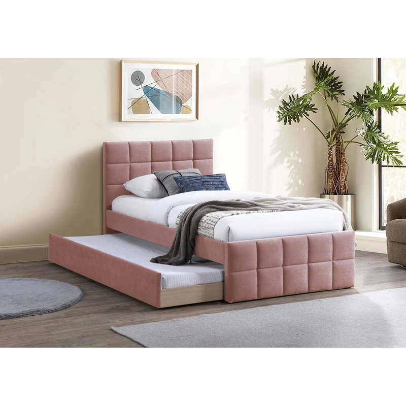 Lit 1Pc avec lit gigogne et tête de lit tapissier, Lit double, Rose clair