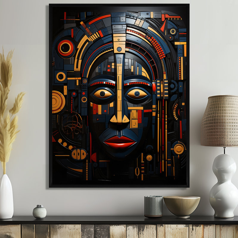 Indigène tribal masque jaune bleu - masque africain, Toile avec cadre flottant noir, H 20 po x l 12 po x P 1 po