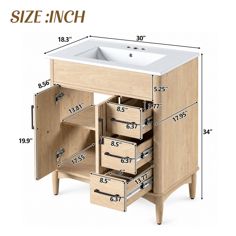 Meuble-lavabo avec lavabo, 2 portes, 3 tiroirs et tablette ajustable