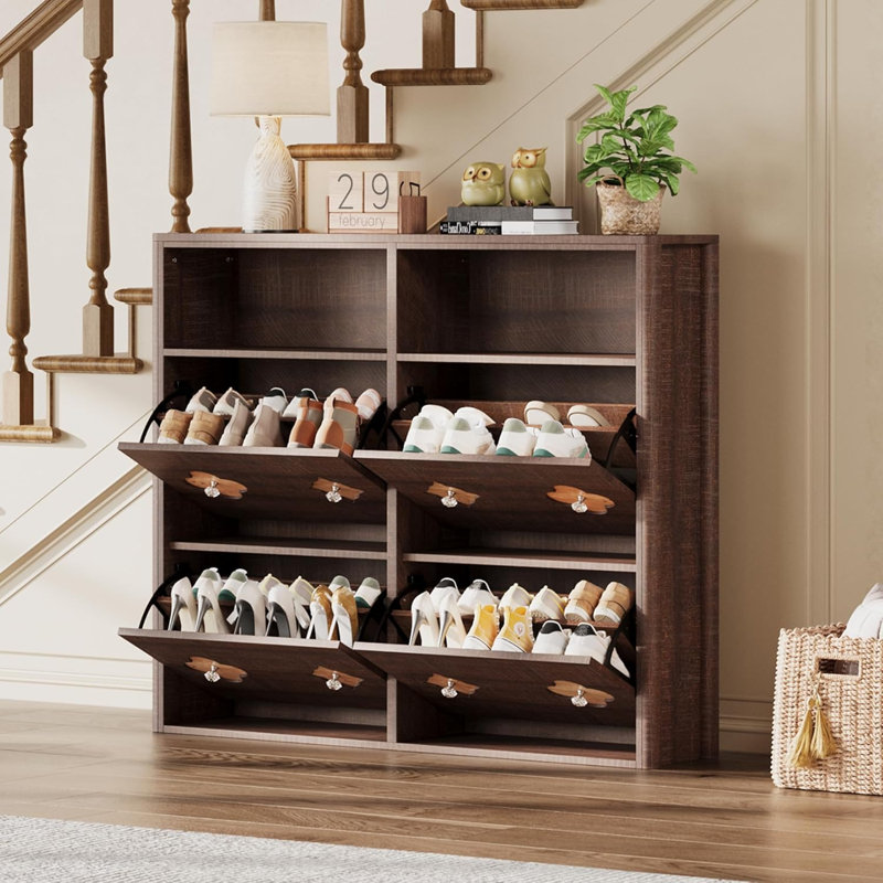 4-Drawer Flip-Front Shoe Cabinet, Slim Freestanding Wooden Shoe Storage Organizer with Hidden Compartments for Entryway and Hallway