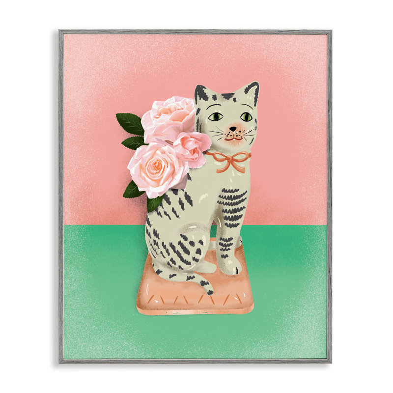 Estampe numérique de chat rétro rose et vert, design par Jilly Jack Designs, Estampe numérique Farmhouse, H 20 po x l 16 po