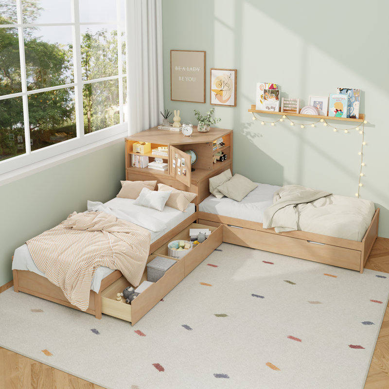 L-Shaped Combination Twin Bed Frame with Trundle and Drawer,3-in-1 Low Corner Platform Bed Linked with Built-in Desk and Led Downlight