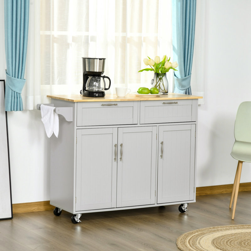 Kohn 47.64'' Mobile Kitchen Island with Storage, Kitchen Cart with Wood Top, Storage Drawers, 3-door Cabinets, Adjustable Shelves and Towel Rack