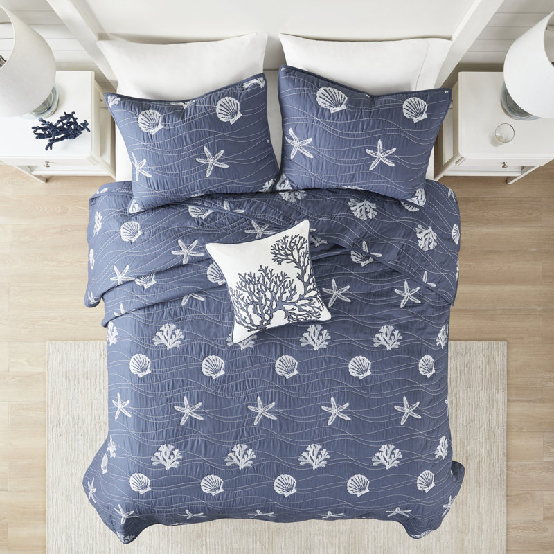 Courtepointe en coton bleu marine - 100% avec broderie lavable à la machine 4 pièces, images côtières, facile à nettoyer
