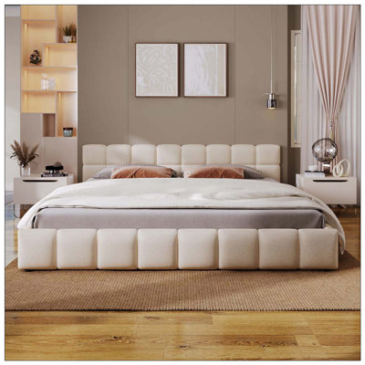 Elegant Beige Chenille Upholstered Bed with Checkerboard Design