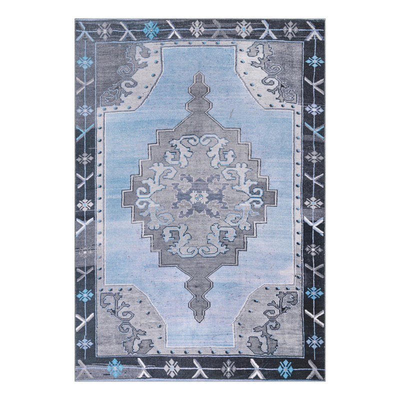 Tapis traditionnel de couleur gris-bleu, Rectangle 8 pi 4 po x 12 pi
