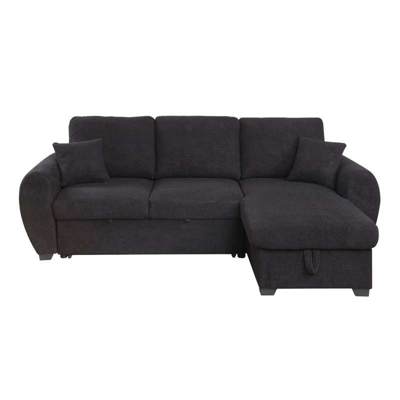 Vera95"W Black Teddy Fleece Reversible Sleeper Sectional Sofa With Storage Chaise