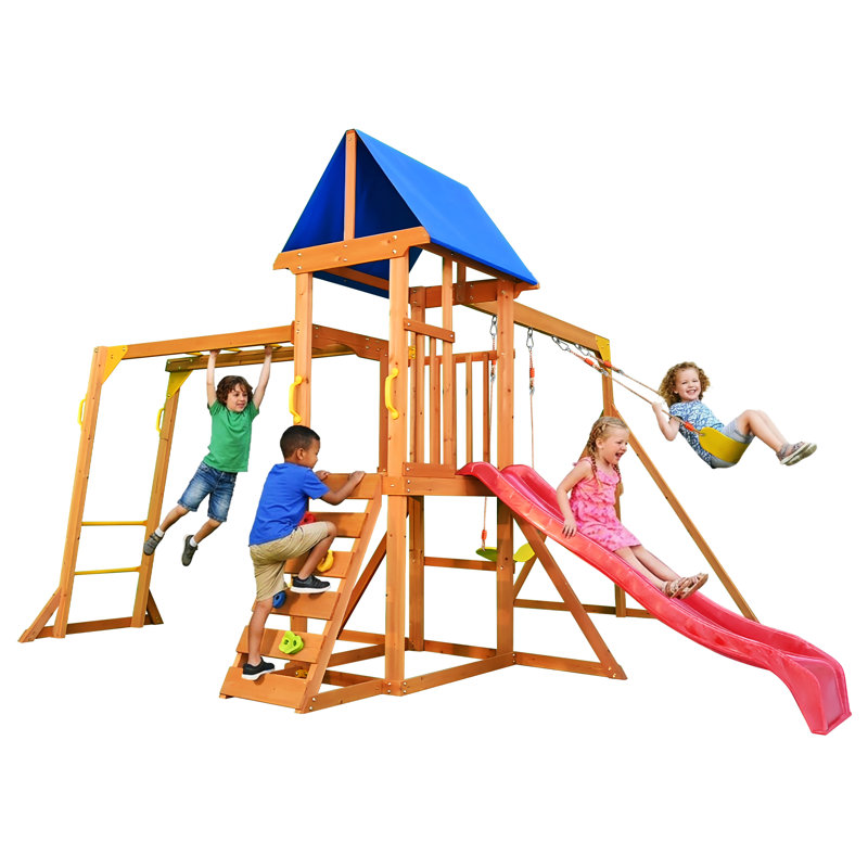 Ensembles de jeux en bois SuniBoxi pour la cour arrière, ensembles de balançoire avec barres à singes, balançoire à 2 ceintures, glissade à vagues, échelle d'escalade pour jouer en plein air de 3 à 6 ans