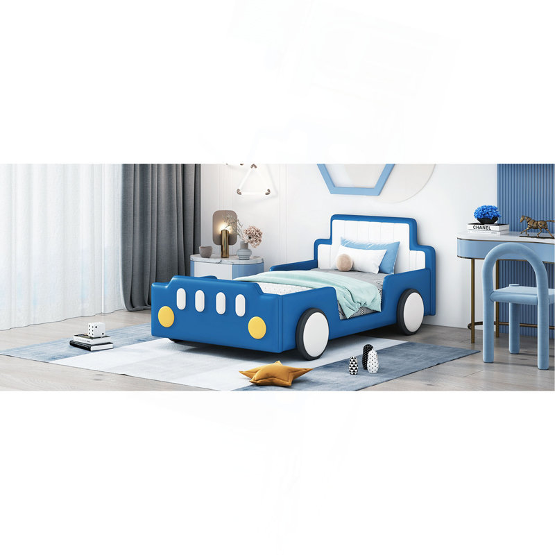 Lit plateforme simple en forme de voiture de course avec roues, bleu