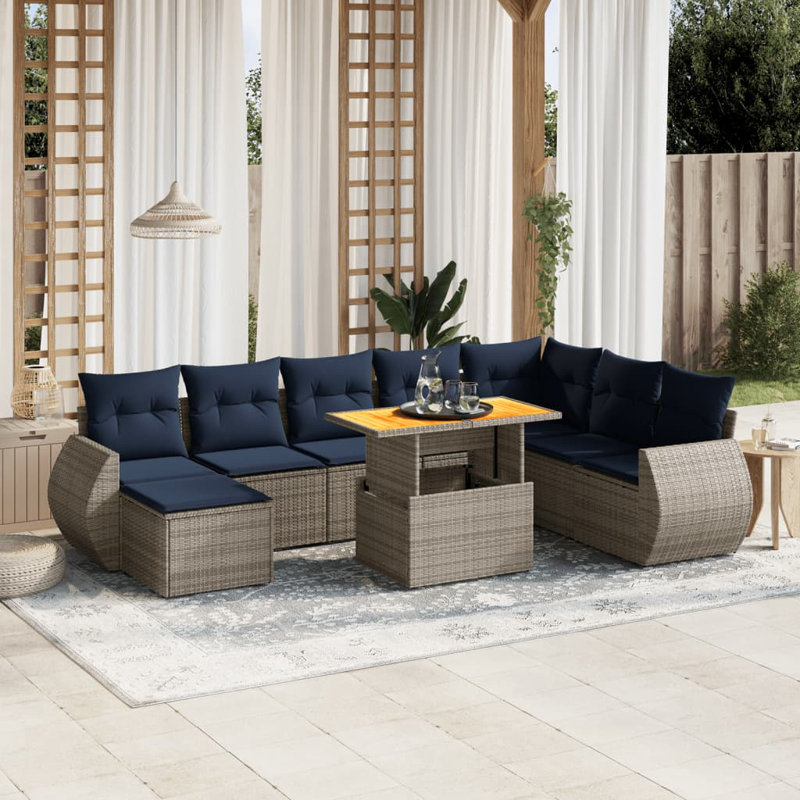  Ensemble de canapé de patio 9 pièces avec coussins en rotin de polyester, Gris, Bleu