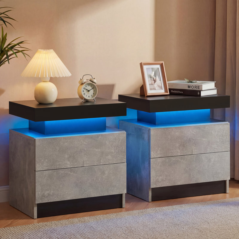LED Nightstand with Drawers, Gray Concrete/Black