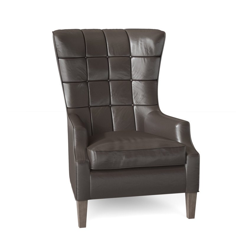 Gallin Leather Tufted Wingback Chair, Anilina Cacao Genuine Leather, Stone