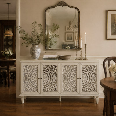 60" Antique Grey White Buffet Cabinet, Floral Carved Sideboard with Solid Wood Legs, Antique Brass Handles & Adjustable Shelves, TV Stand Fits 65"+ TV for Living Room Dining Room