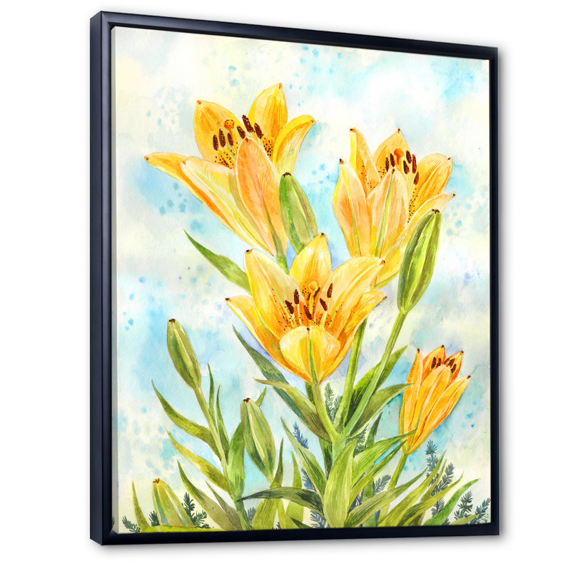 Bouquet de lis jaunes - on, H 20 po x l 12 po x P 1 po, Cadre flottant noir