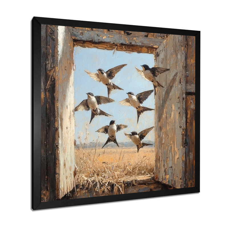 Drusie abstrait oiseau hirondelles dans le foin - art mural oiseau, H 16 po x l 16 po, Noir