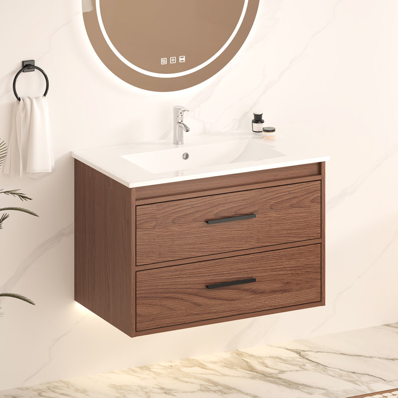30" Reddish Brown Wall Mounting Bathroom Vanity, Soft Close 2 Drawer, Cabinet And Ceramic Sink For A Smooth Quiet Usage Functionality