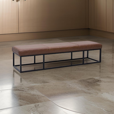 Accent Bench, 71 Inch, Black Metal, Brown Genuine Leather Cushioned Seat
