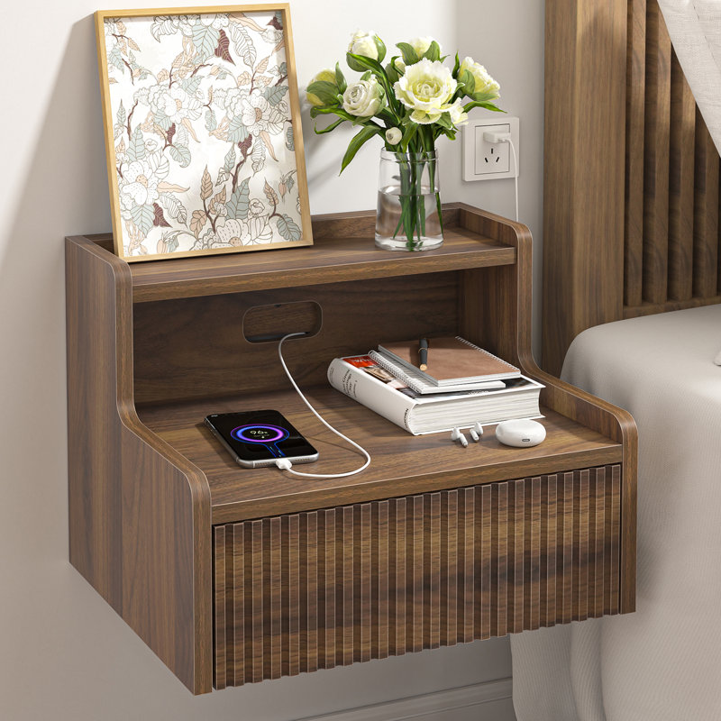 Floating Nightstand With Decorative Embossed Pattern, Brown
