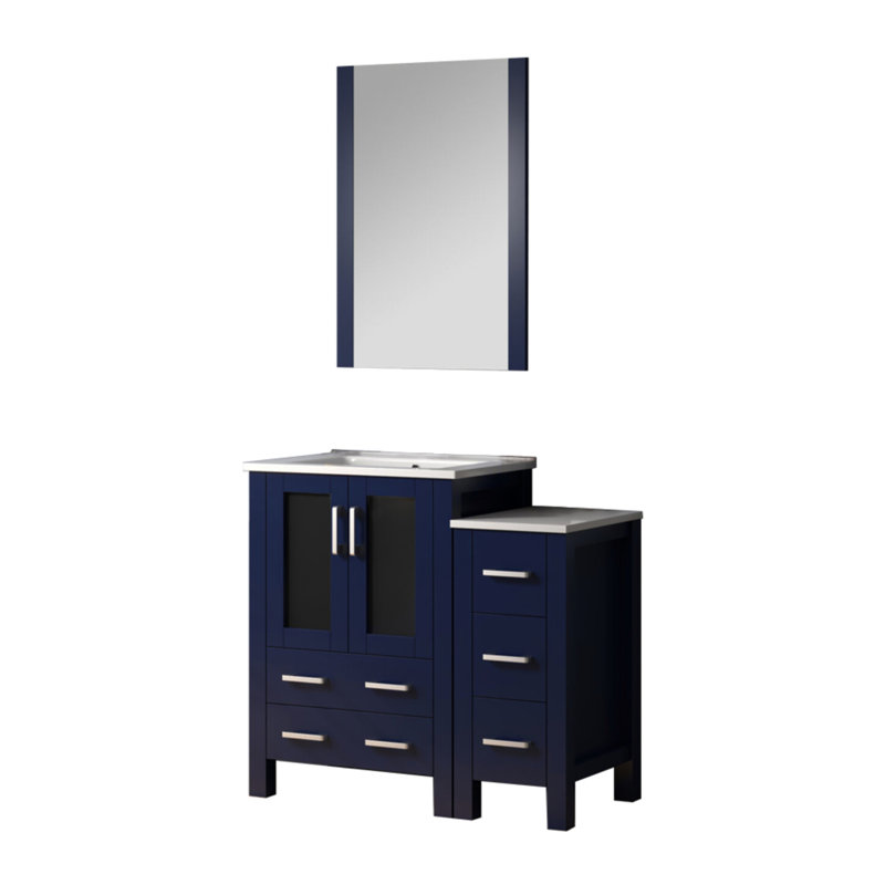 36 po Meuble-lavabo bleu marine pour salle de bain avec armoire latérale, comptoir en céramique blanche, miroir 22 po et comptoir antitaches