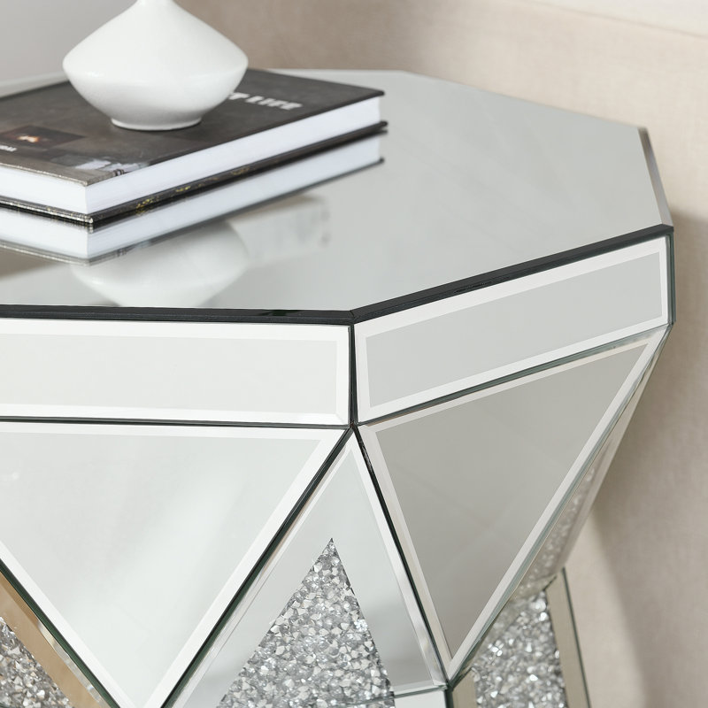Table basse de style tambour avec incrustation de cristal miroir, table décorative argentée Polygonal