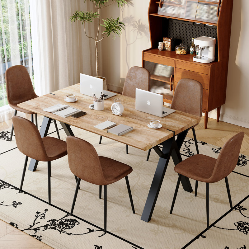 63" Wood Rectangle Dining Table Set, Farmhouse Kitchen Table Set For People, 7 Pieces: Table, 6 Chairs, Brown