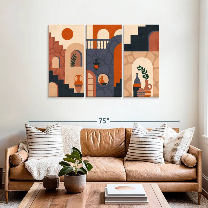 Abstrait architecture Mid-Century sur toile 3 pièces, H 36 po x l 57 po x P 1,25 po