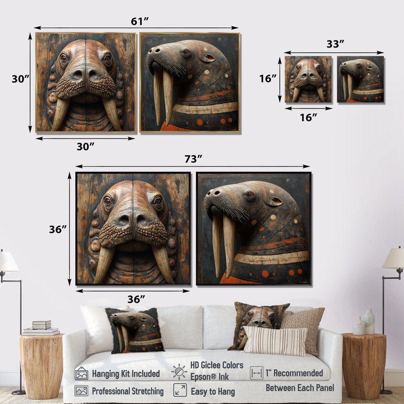 Morse inuit en tons de brun I - art mural morse - art mural moderne sur toile 2 pièces, Crème, crème, H 36 po x l 73 po