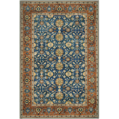 3x5 feet, vintage floral blue terracotta carpet, washable kitchen anti slip, ultra-thin soft printed vintage Oriental entrance low plush