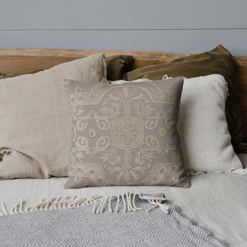 Square Brown and Cream Velvet Applique Embroidered Linen Pillow