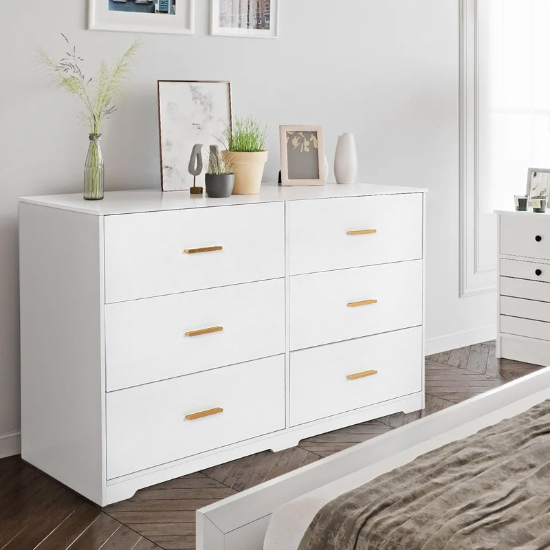 Commode 6 tiroirs Modern, Blanc / Doré