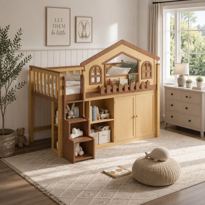 Lit mezzanine simple avec armoire de rangement, tablette et escalier