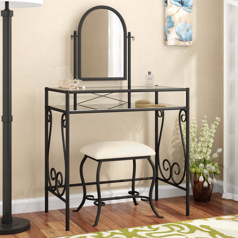 Cobbs 2-Piece Vanity Set With Adjustable Mirror and Upholstered Bench, Antique Brown