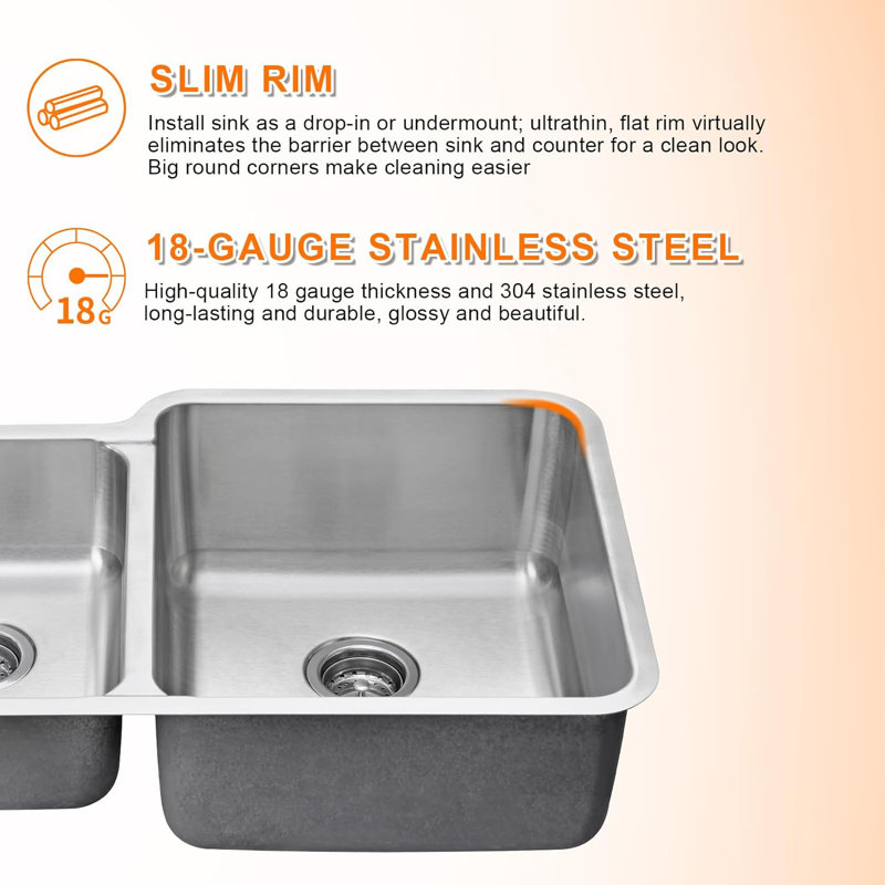 18 Gauge Stainless Steel 31.5 inch Undermount Kitchen Sink One and Half Bowl, 31.5" x 20.5" x 9"